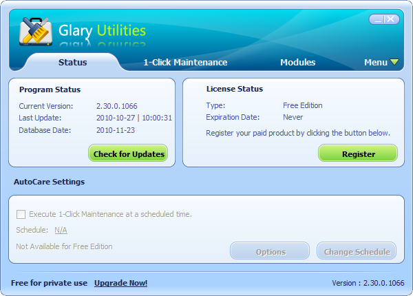 Glary Utilities Status Interface