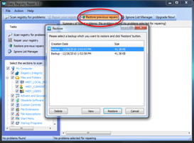 Registry Repair Screenshots - Restore Previous Registry Repairs