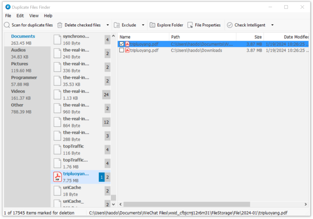 Review the duplicate files list, choose those for removal, and click Delete selected files.